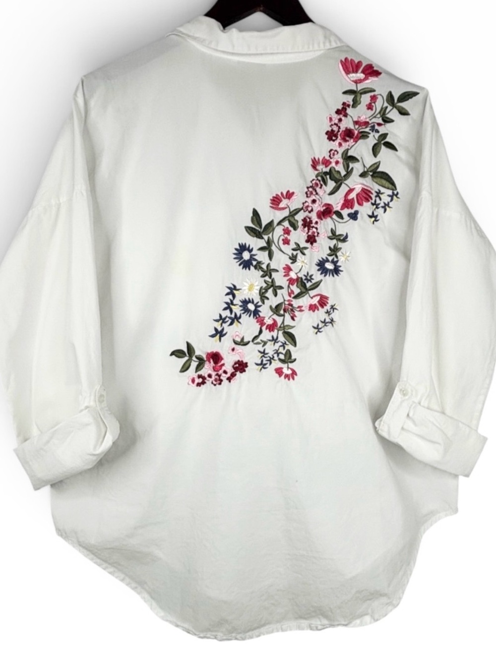 Dex White Cotton Collared Button Down With Colourful Floral Embroidered Back M